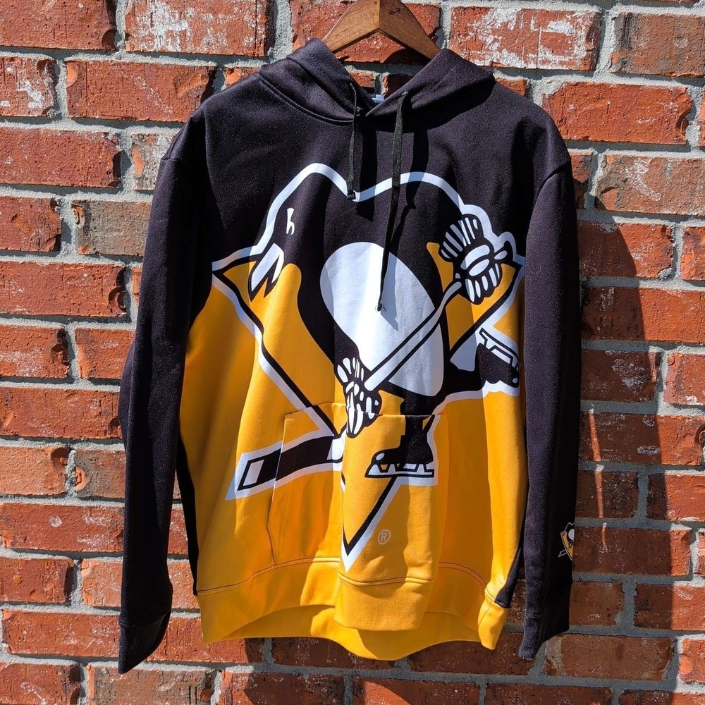 NHL Pittsburgh Penguins Hoodie Mens XL Black Yellow Oversized Logo Pullover